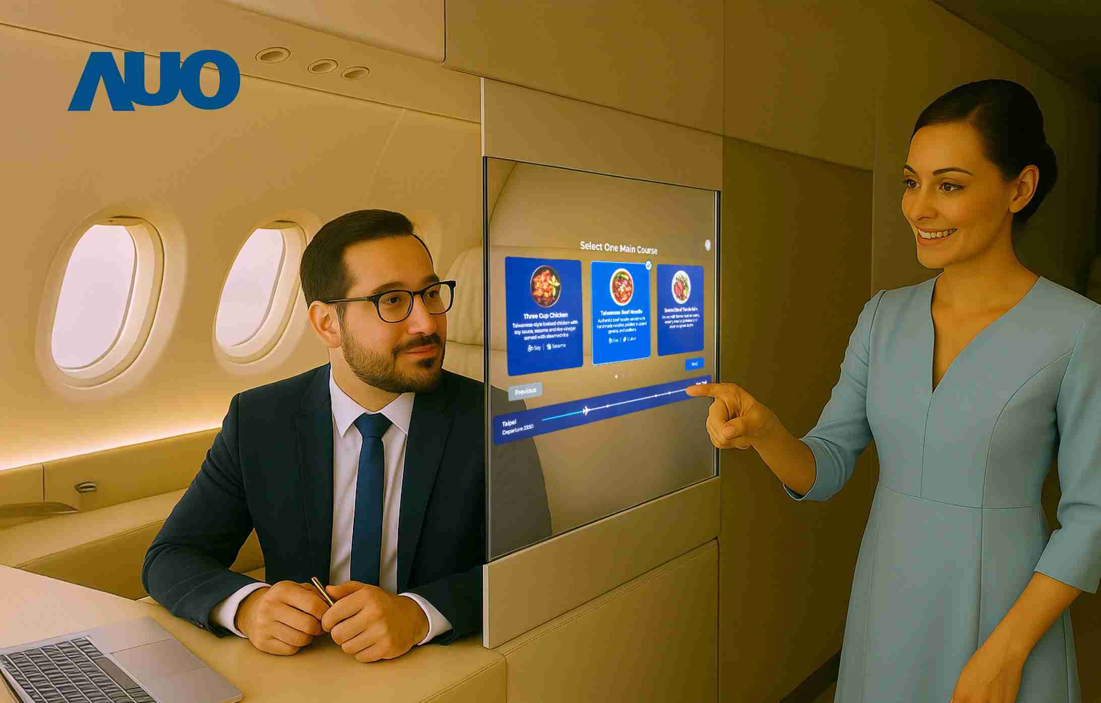 优游UB8研发全球最薄17.3 吋双面透明 Micro LED 显示器，，，，可在同一屏幕之双边投射不同信息，，，创造独特的”透明化”互动；图为实时翻译交流应用情境